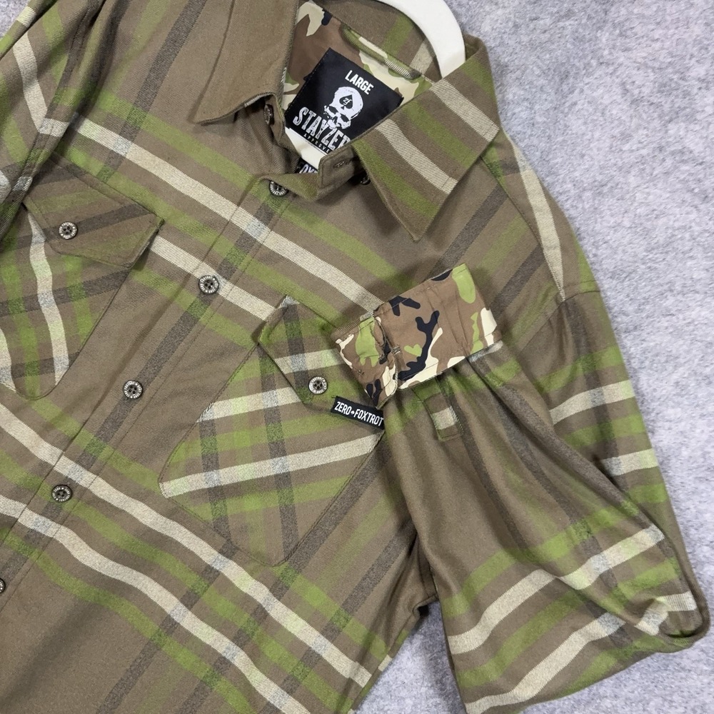 Zero Foxtrot Zero Flannel Shirt Mens Sz L Green Plaid Pockets Camo Flip Cuff